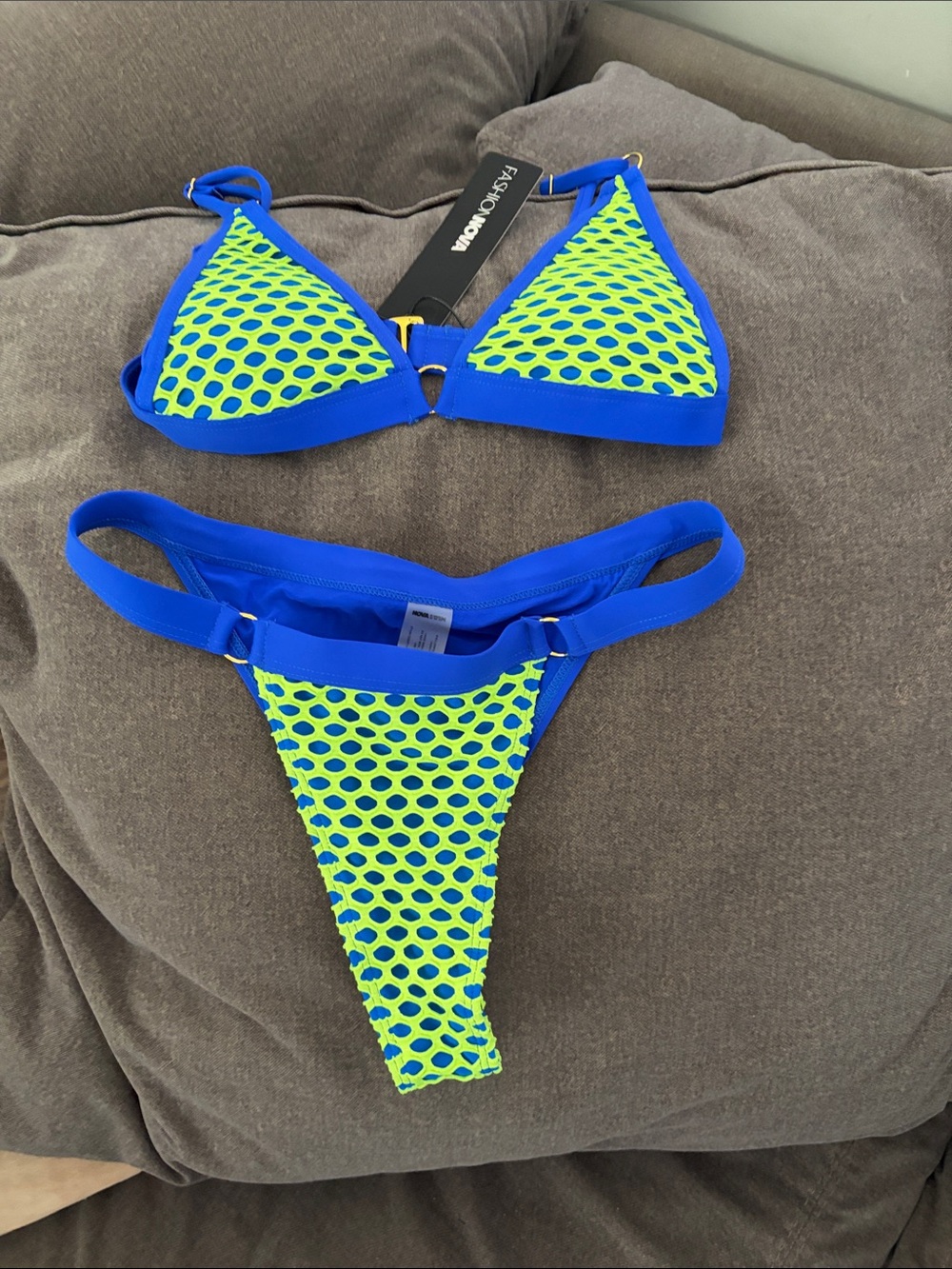 Fashion Nova Royal Blue & Neon Green Mesh Triangle Bikini Top